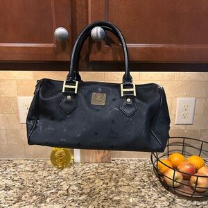 MCM Tote Bag, All-over Pattern, Mini Boston Bag, PVC, Black 33×24×20cm